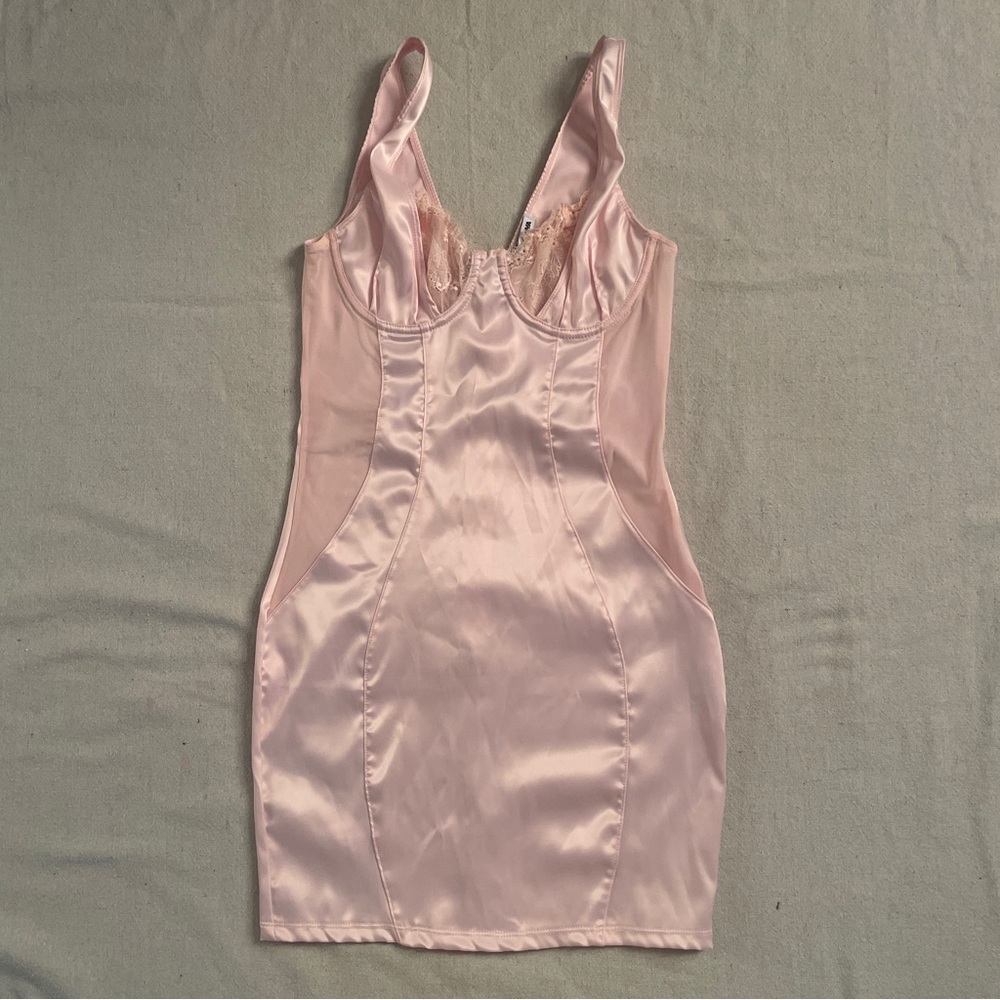 Baby Pink Satin Mini Bodycon Dress with lace detailing